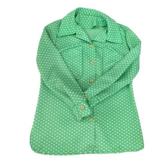 Vintage 1960s Green Polka Dot Button Down Shirt - Picture 1 of 11